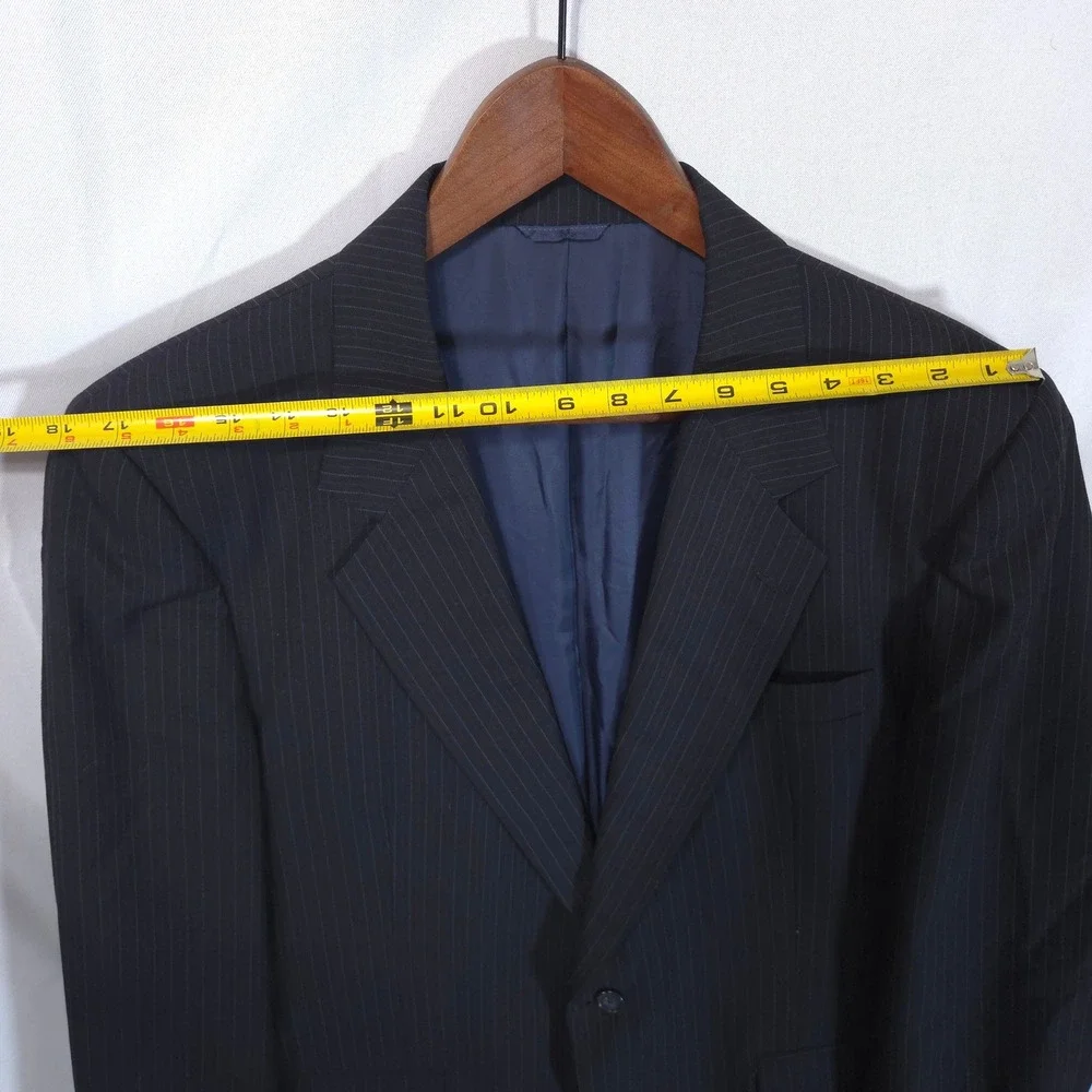 Vtg Sussex 100% Pure Wool Blazer Mens 46L Pinstripe Two Button Black Jacket 80s